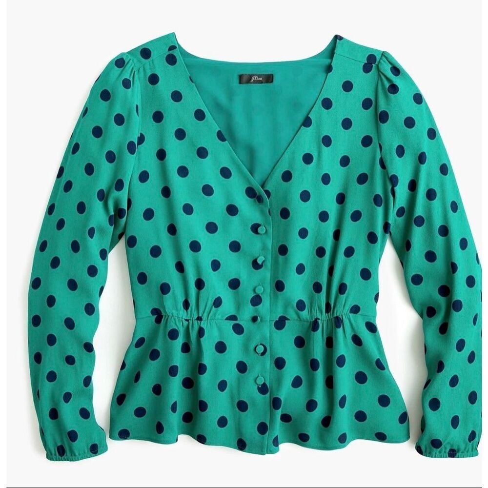 J CREW Blouse Top CRAPE POLKA DOT LONG SLEEVE‎ CHIFFON PEPLUM GREEN NAVY 24